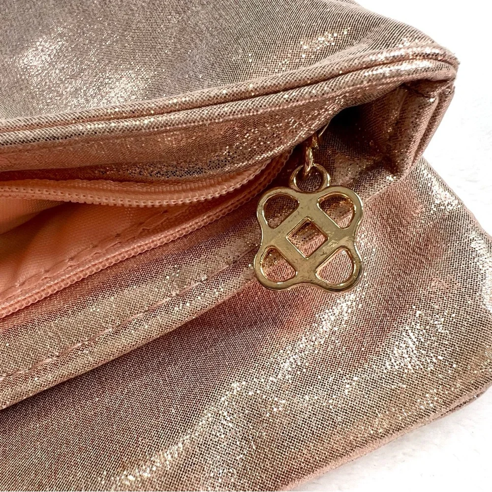 Oscar de la Renta Clutch Foldover Zipper Cocktail Purse Luxe Metallic Rose Gold